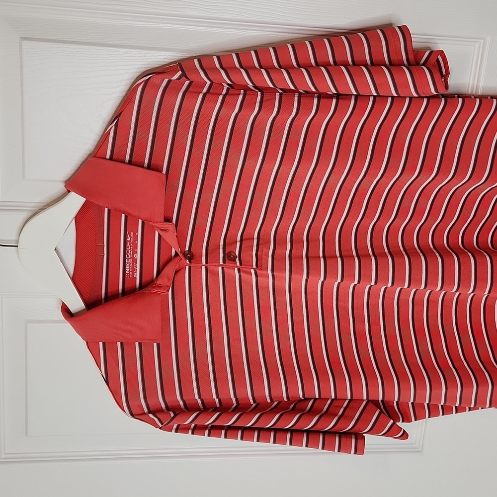 Men's Nike Golf Dri-fit polo shirt salmon orange with white and gray stripes XL
